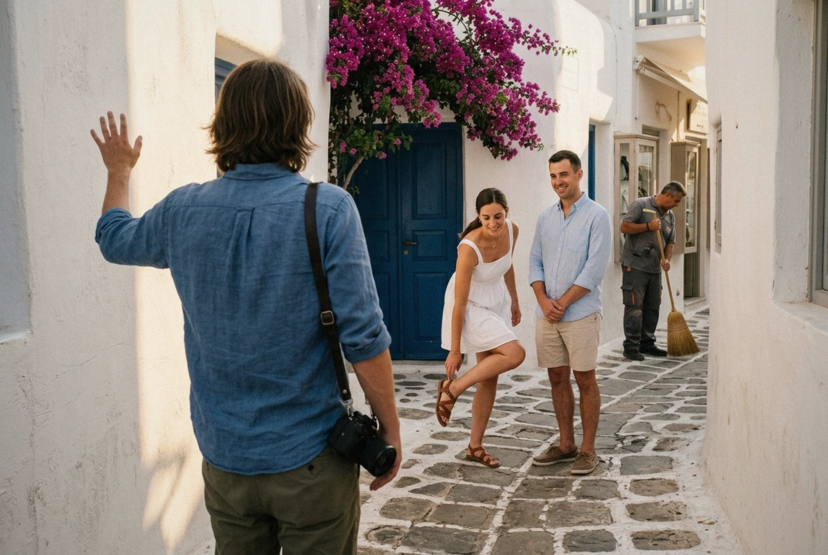 Photographer directing a couple through a pose in a whitewashed alley, showing what to expect on a Mykonos photoshoot