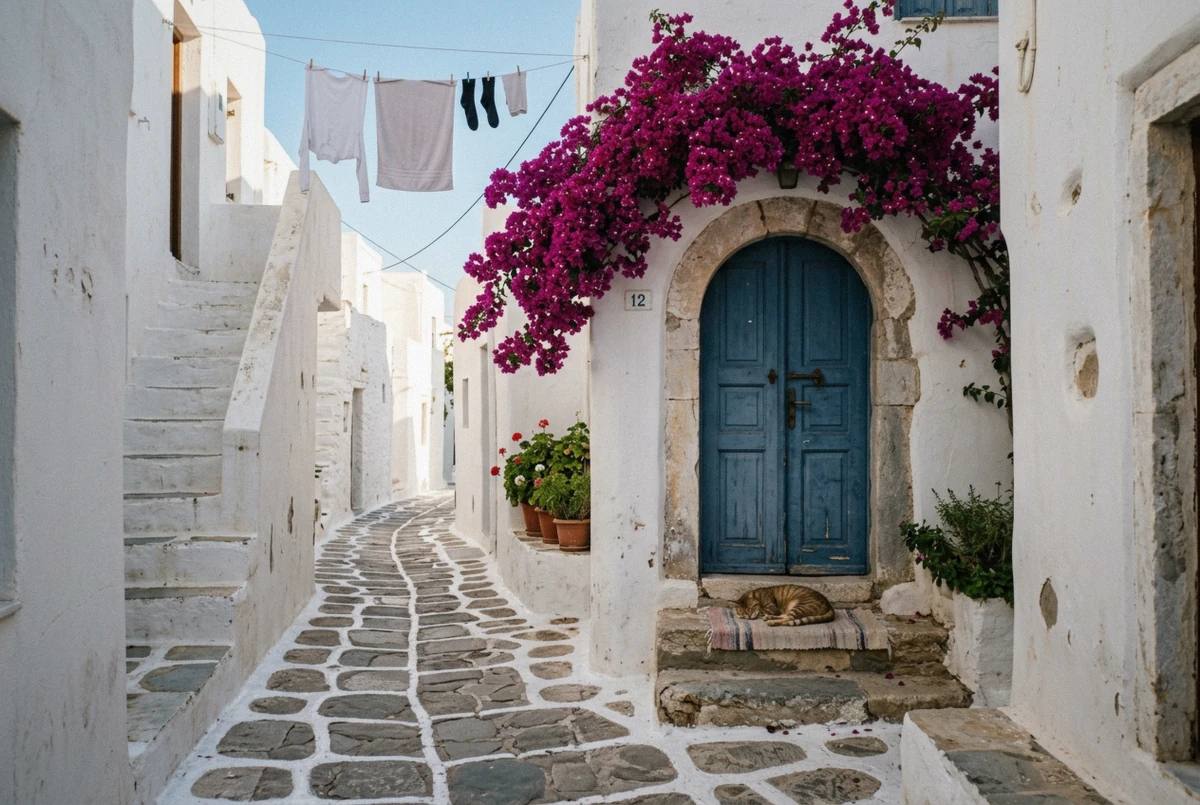 Whitewashed alleys and blue doors in Mykonos Town on a guided photo tour Mykonos route