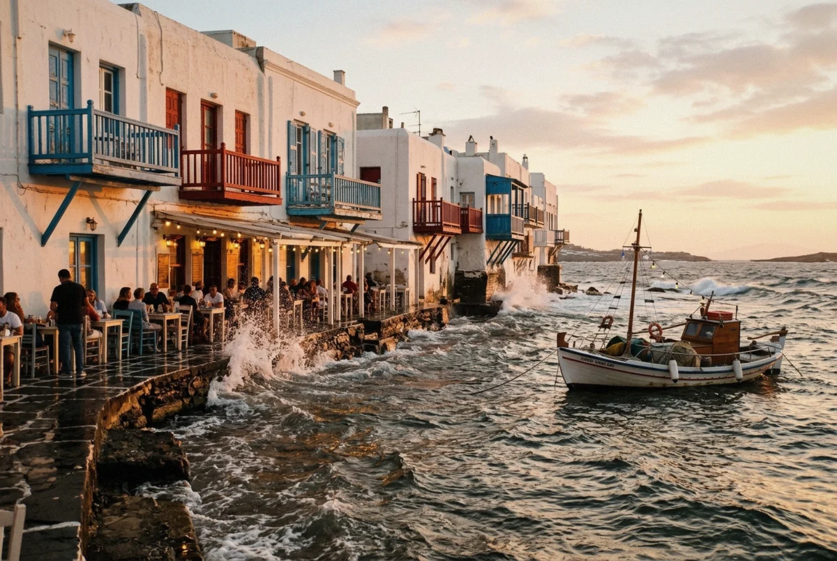Colorful balconies over the water at Little Venice, the single location for this Mykonos photoshoot