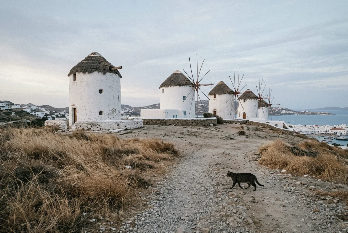 Couple posing hand in hand by the Windmills of Mykonos during an LGBTQ+ friendly Mykonos couple photoshoot